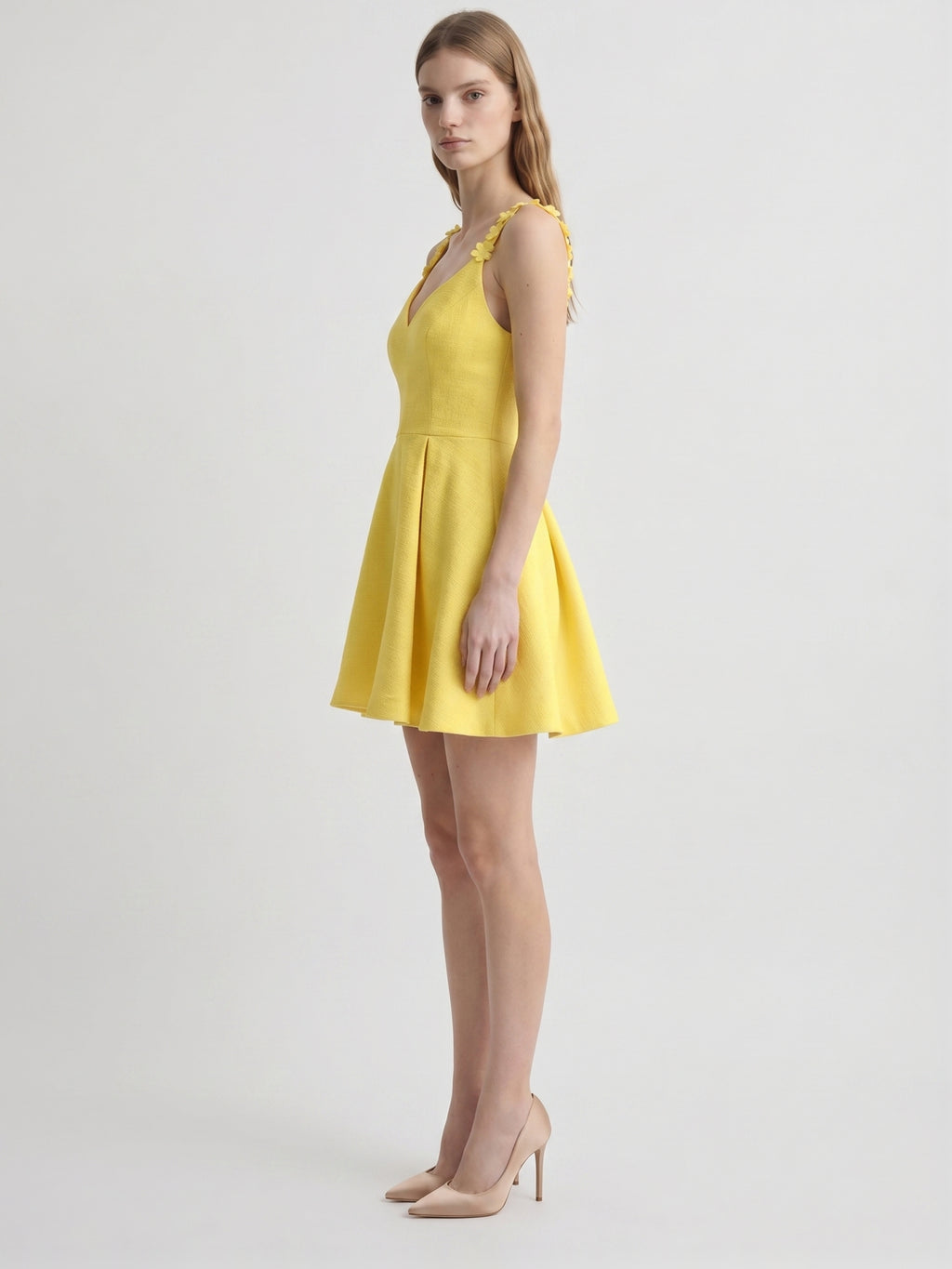 Lemon Stretch Knit A-Line V-Neck Backless Knee-Length Bridesmaid Dress with Pleats