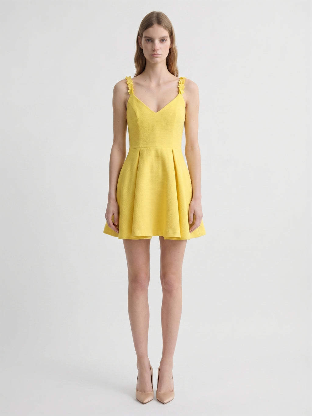 Lemon Stretch Knit A-Line V-Neck Backless Knee-Length Bridesmaid Dress with Pleats