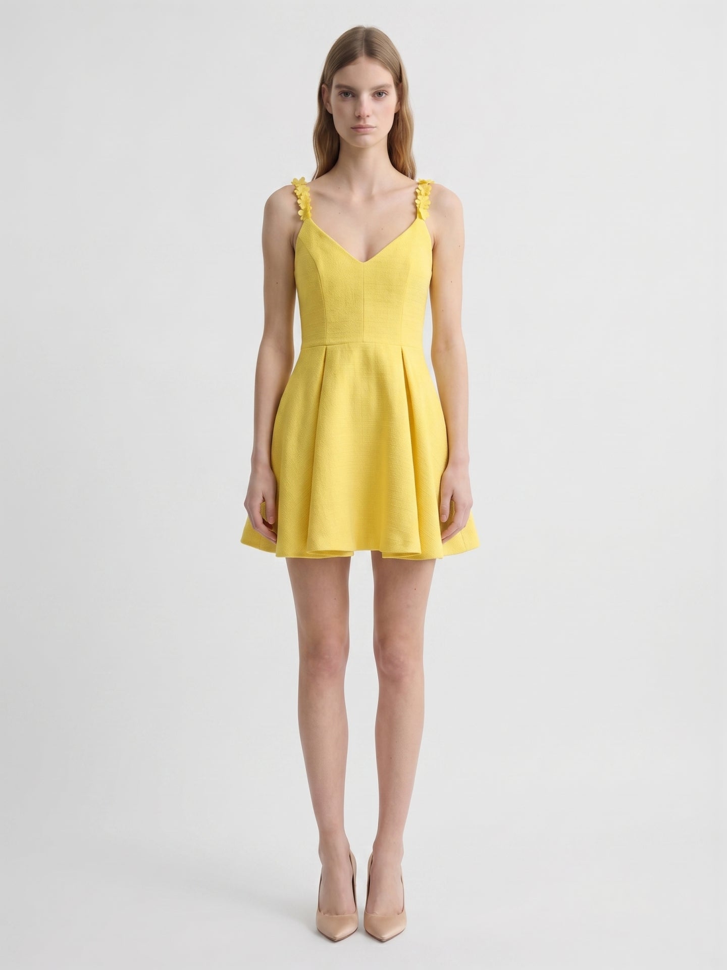 Lemon Stretch Knit A-Line V-Neck Backless Knee-Length Bridesmaid Dress with Pleats