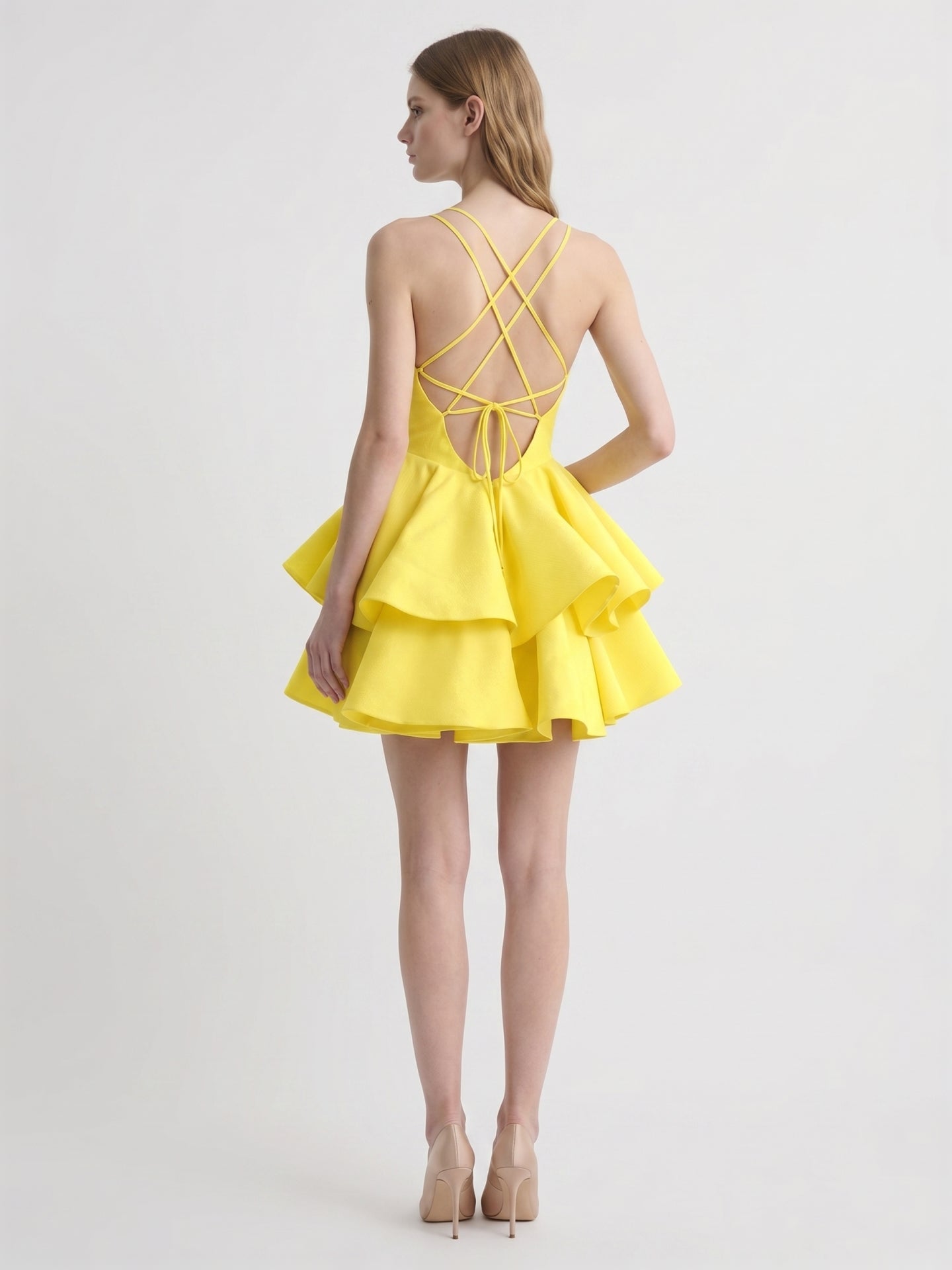 Lemon Stretch Knit A-Line V-Neck Criss-Cross Knee-Length Bridesmaid Dress