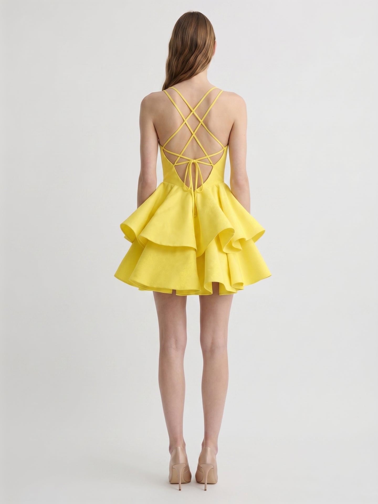 Lemon Stretch Knit A-Line V-Neck Criss-Cross Knee-Length Bridesmaid Dress