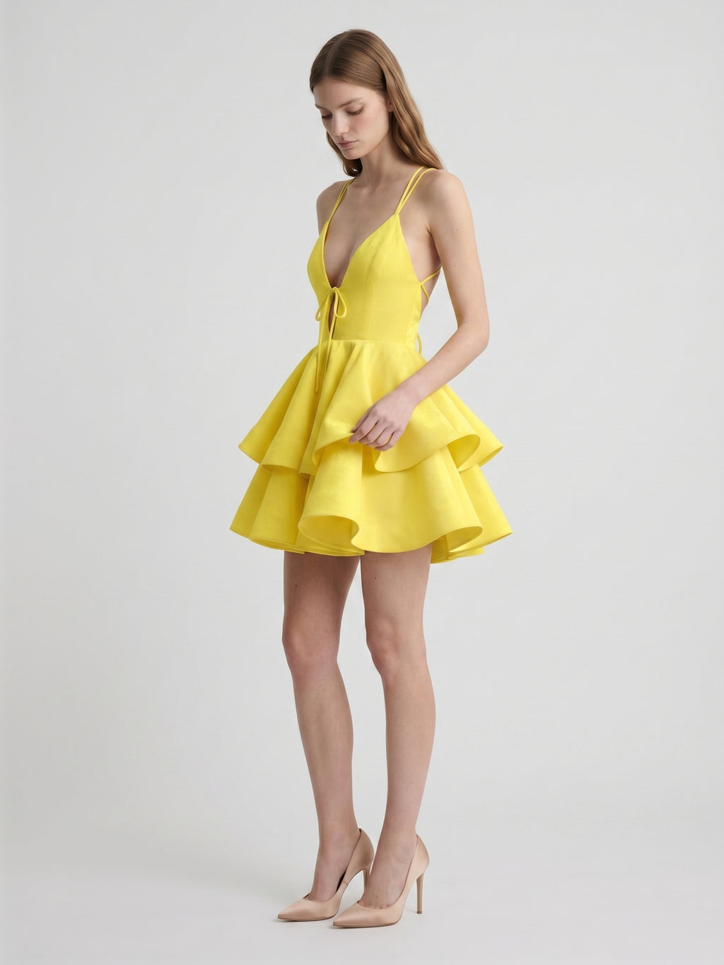 Lemon Stretch Knit A-Line V-Neck Criss-Cross Knee-Length Bridesmaid Dress