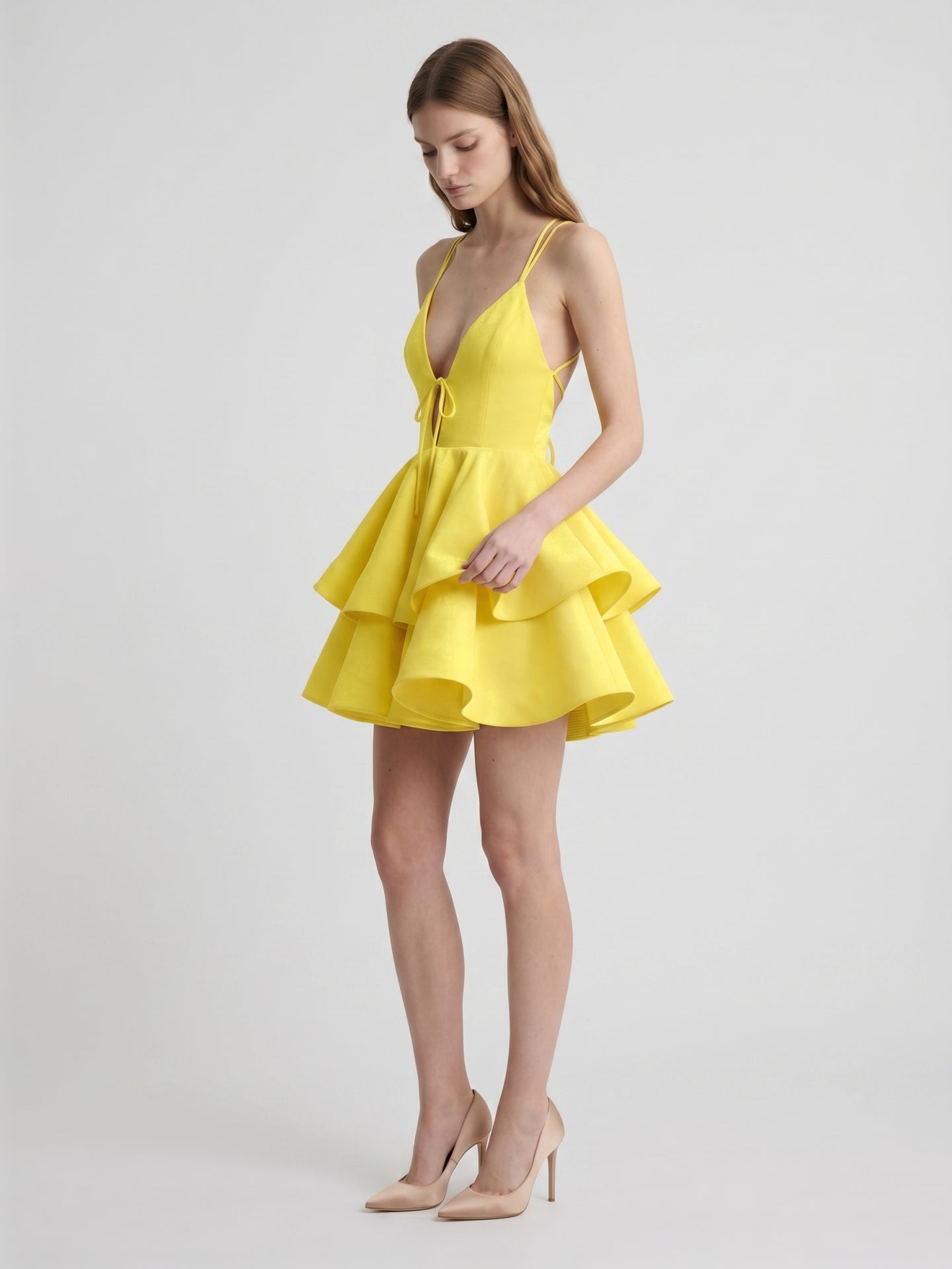 Lemon Stretch Knit A-Line V-Neck Criss-Cross Knee-Length Bridesmaid Dress