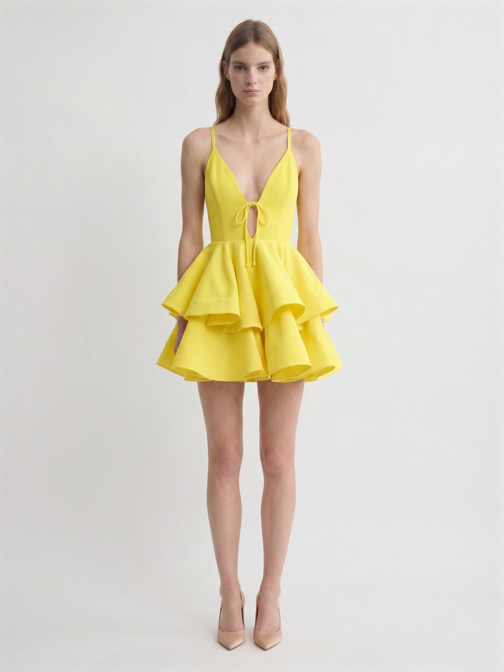 Lemon Stretch Knit A-Line V-Neck Criss-Cross Knee-Length Bridesmaid Dress