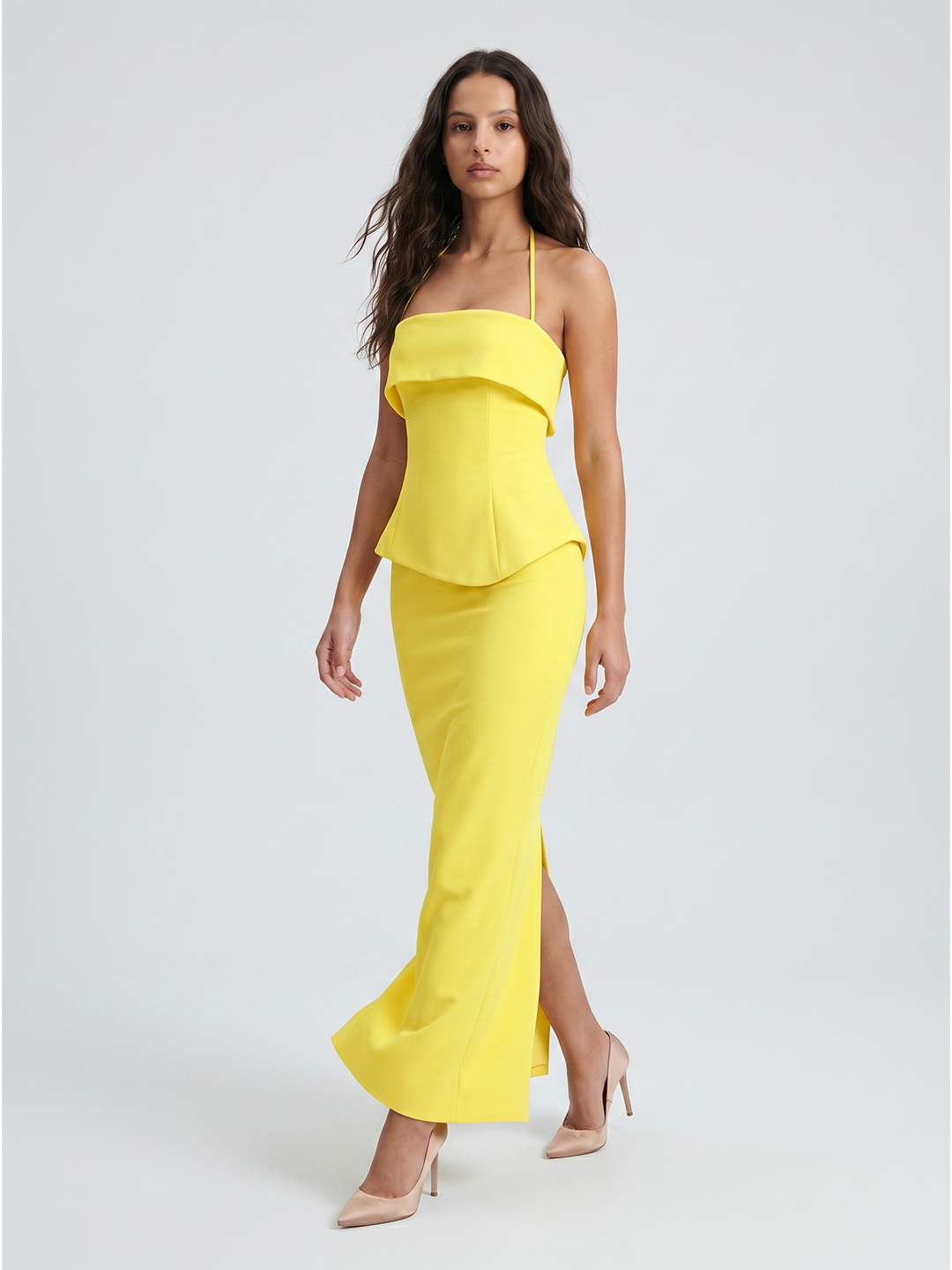 Lemon Stretch Knit Column Halter Backless Ankle-Length Bridesmaid Dress