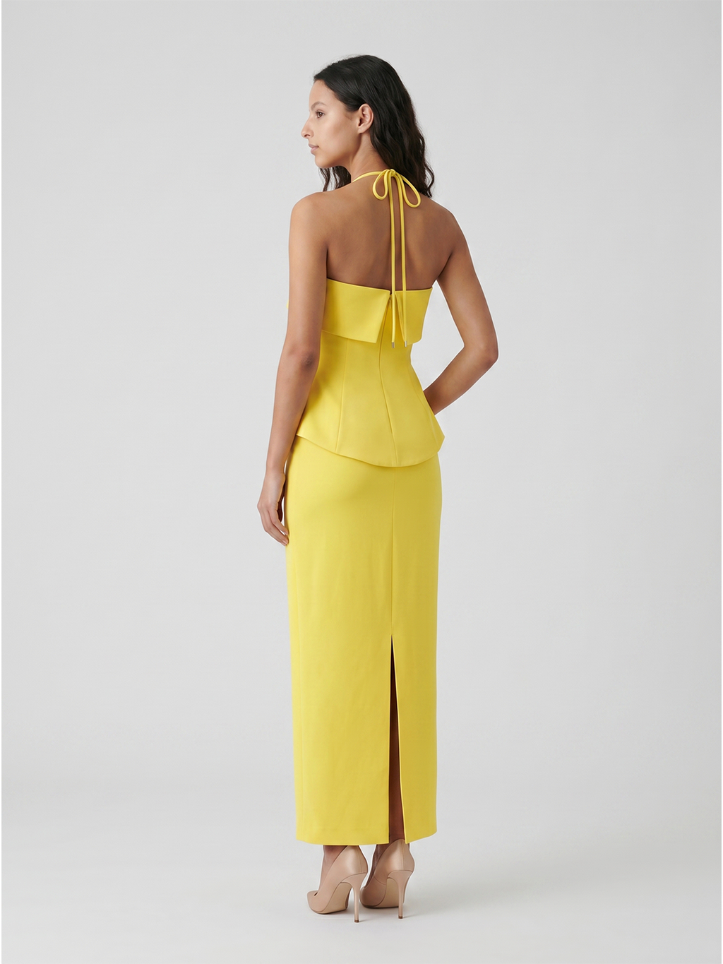 Lemon Stretch Knit Column Halter Backless Ankle-Length Bridesmaid Dress