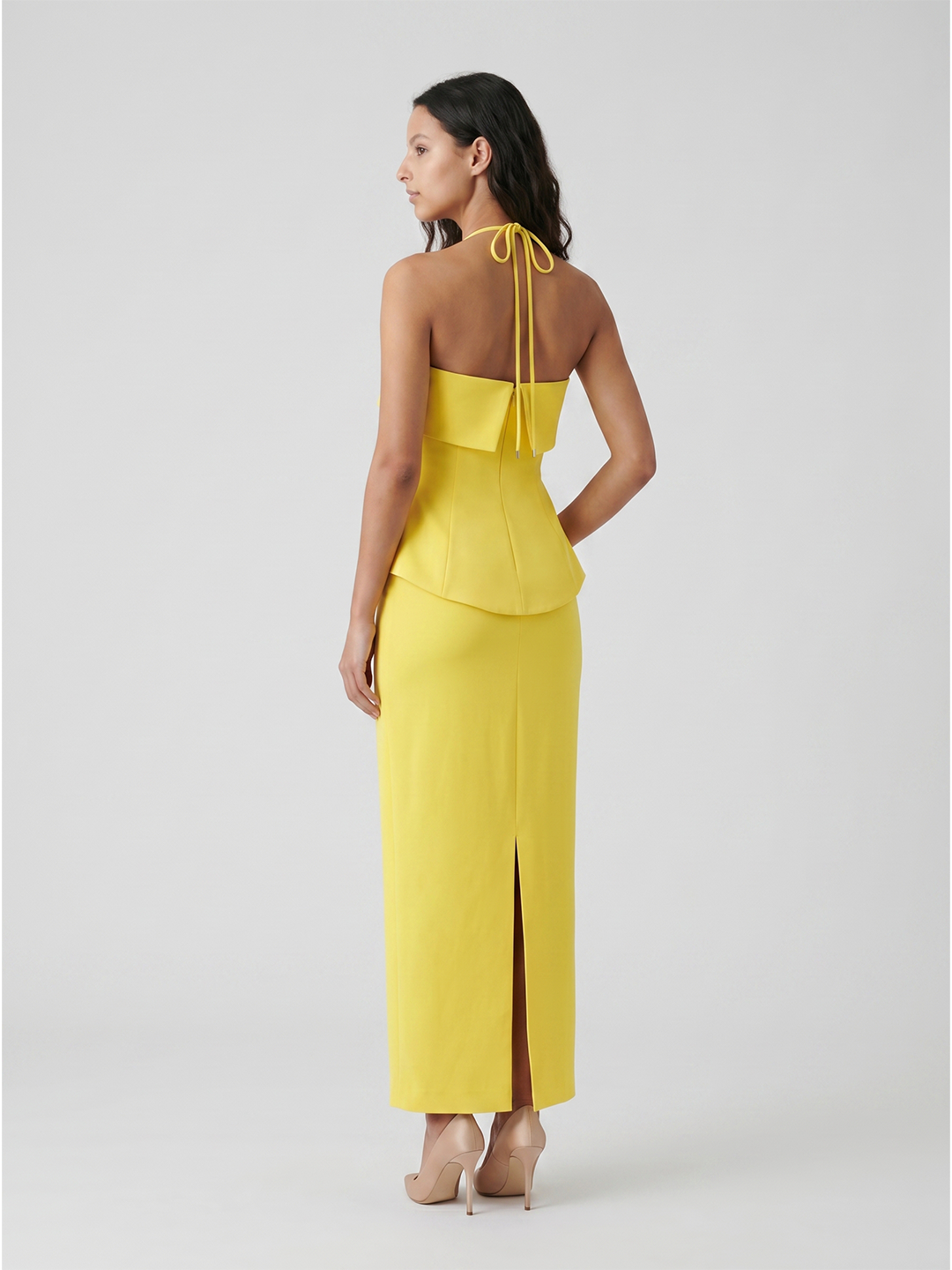 Lemon Stretch Knit Column Halter Backless Ankle-Length Bridesmaid Dress