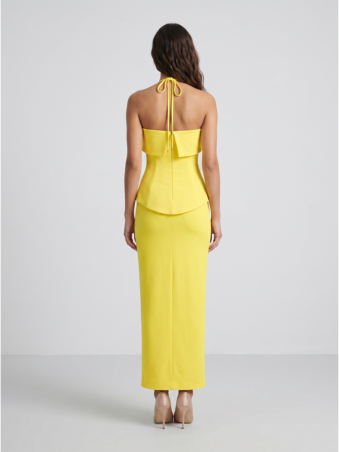 Lemon Stretch Knit Column Halter Backless Ankle-Length Bridesmaid Dress