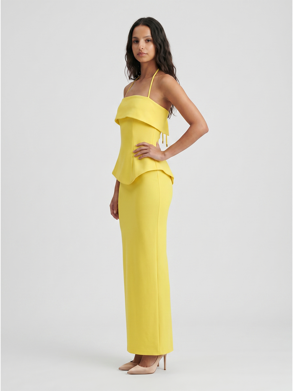 Lemon Stretch Knit Column Halter Backless Ankle-Length Bridesmaid Dress