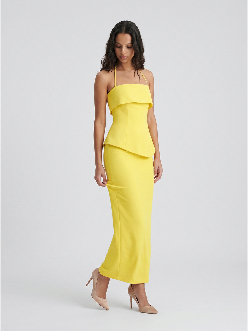Lemon Stretch Knit Column Halter Backless Ankle-Length Bridesmaid Dress