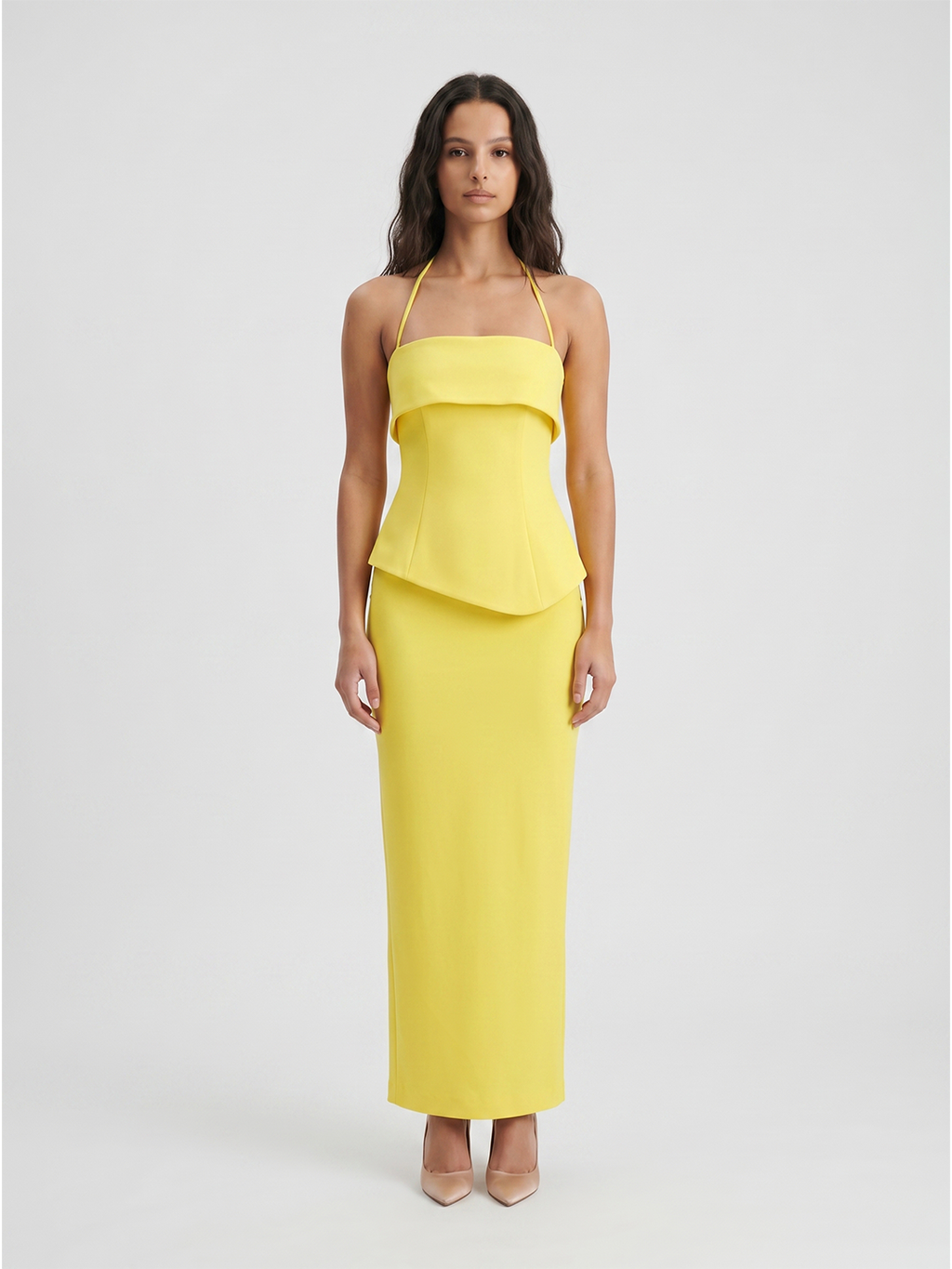Lemon Stretch Knit Column Halter Backless Ankle-Length Bridesmaid Dress