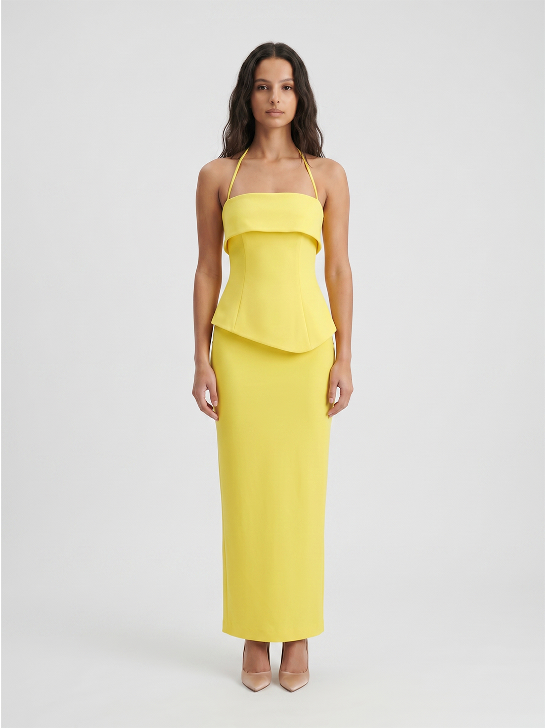 Lemon Stretch Knit Column Halter Backless Ankle-Length Bridesmaid Dress