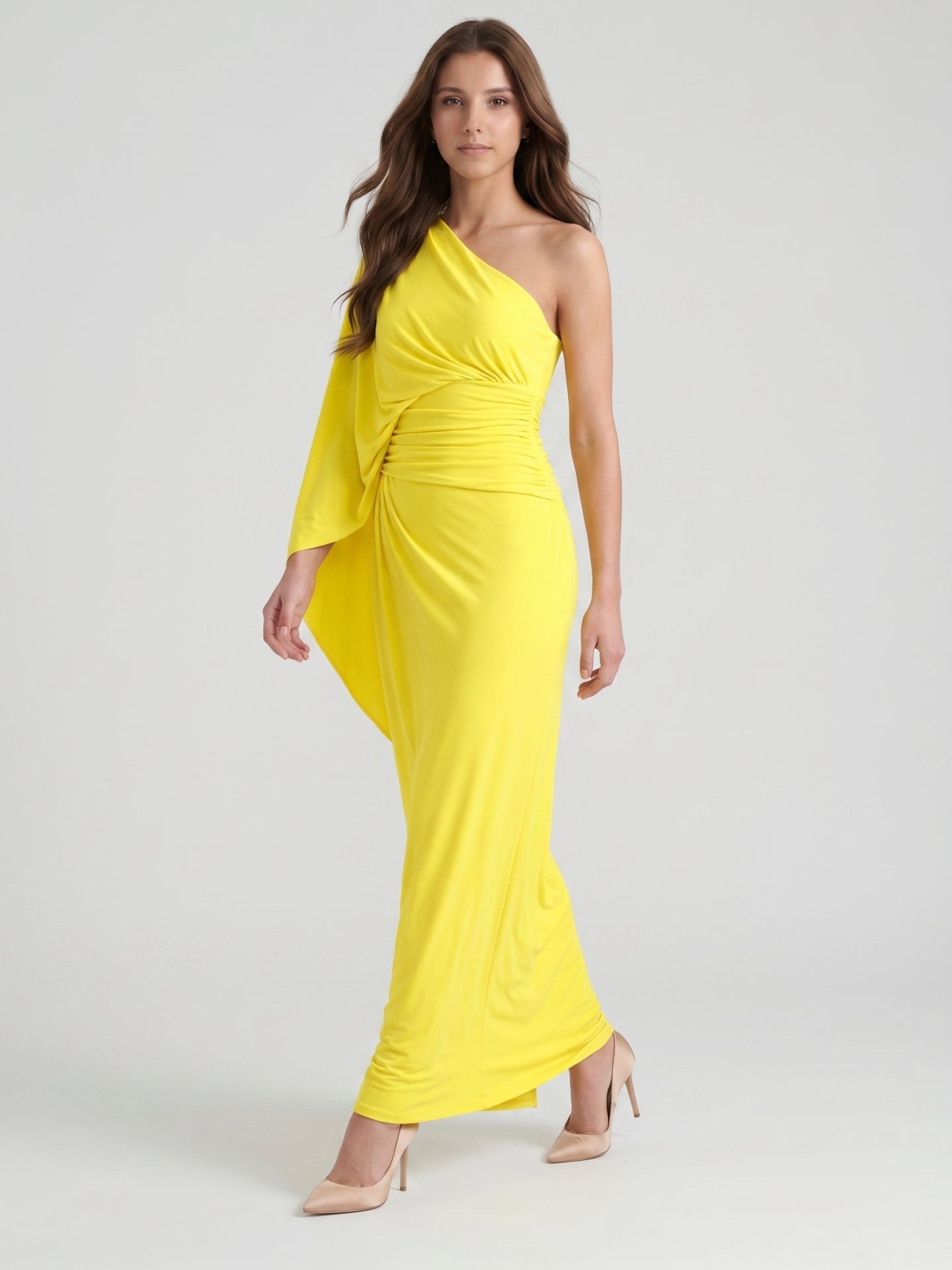 Lemon Stretch Knit Column One Shoulder Backless Ankle-Length Bridesmaid Dress with Pleats