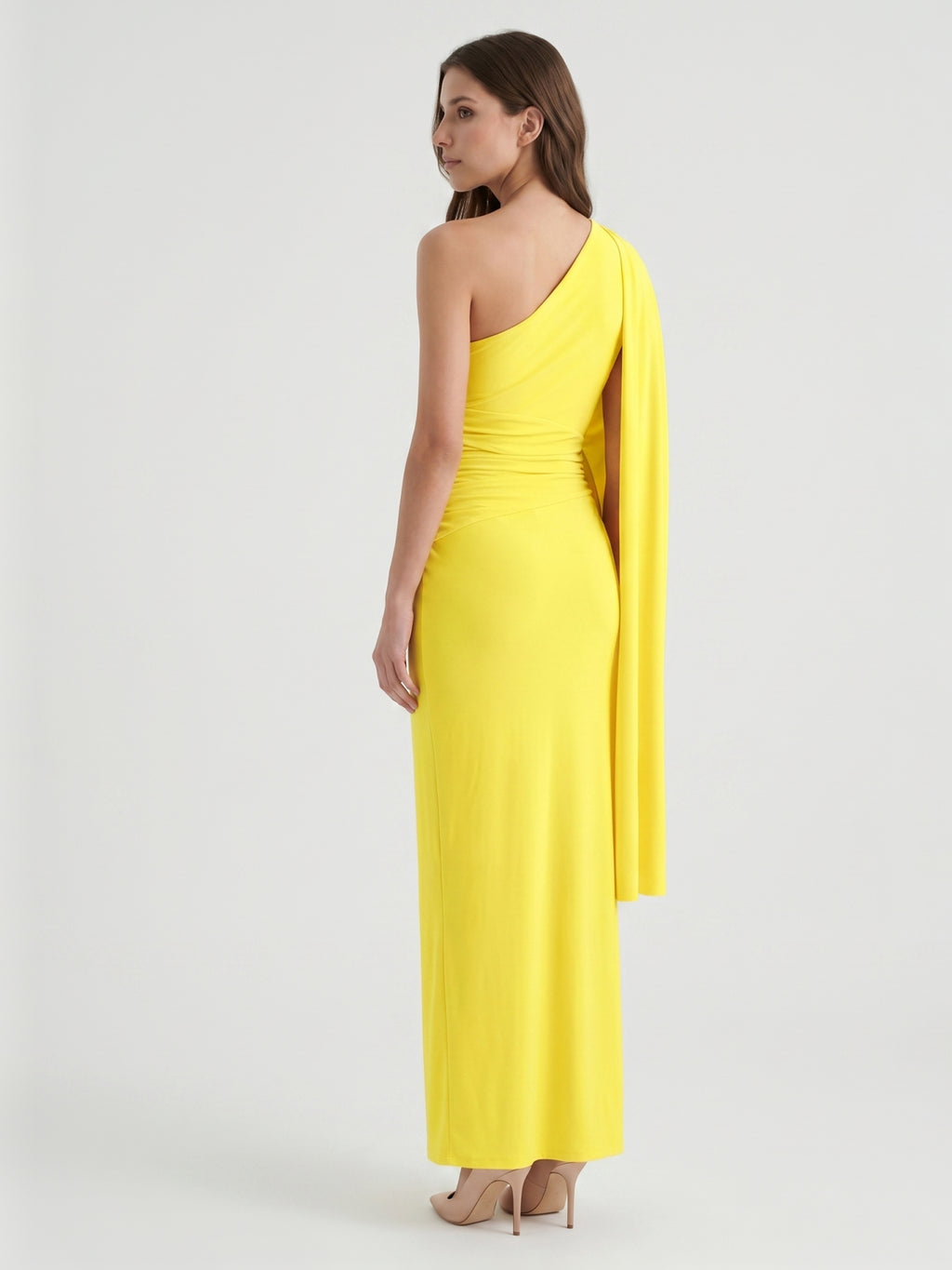 Lemon Stretch Knit Column One Shoulder Backless Ankle-Length Bridesmaid Dress with Pleats