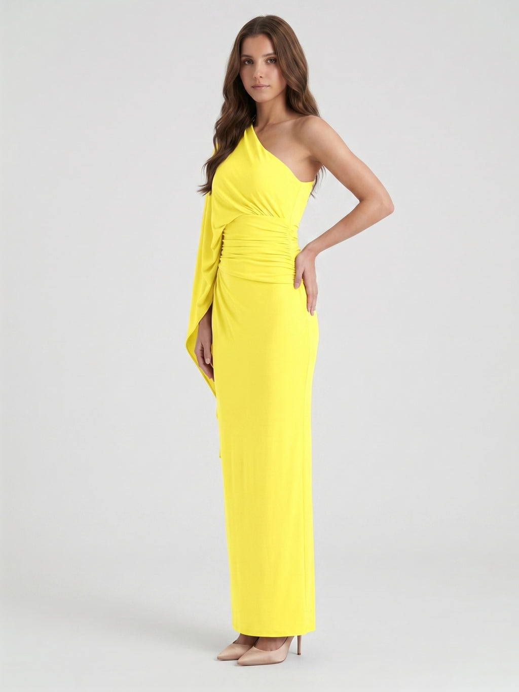 Lemon Stretch Knit Column One Shoulder Backless Ankle-Length Bridesmaid Dress with Pleats