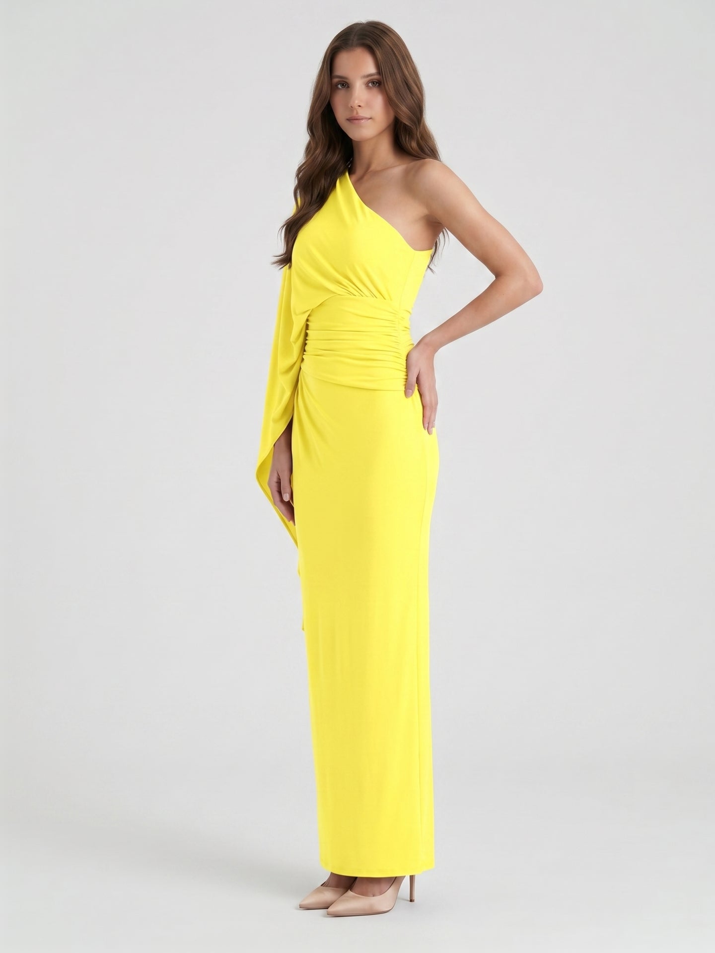 Lemon Stretch Knit Column One Shoulder Backless Ankle-Length Bridesmaid Dress with Pleats