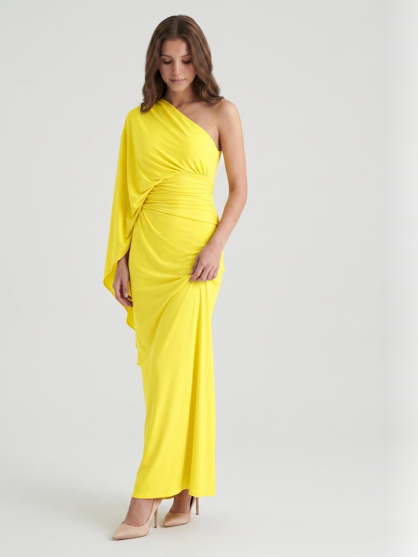 Lemon Stretch Knit Column One Shoulder Backless Ankle-Length Bridesmaid Dress with Pleats