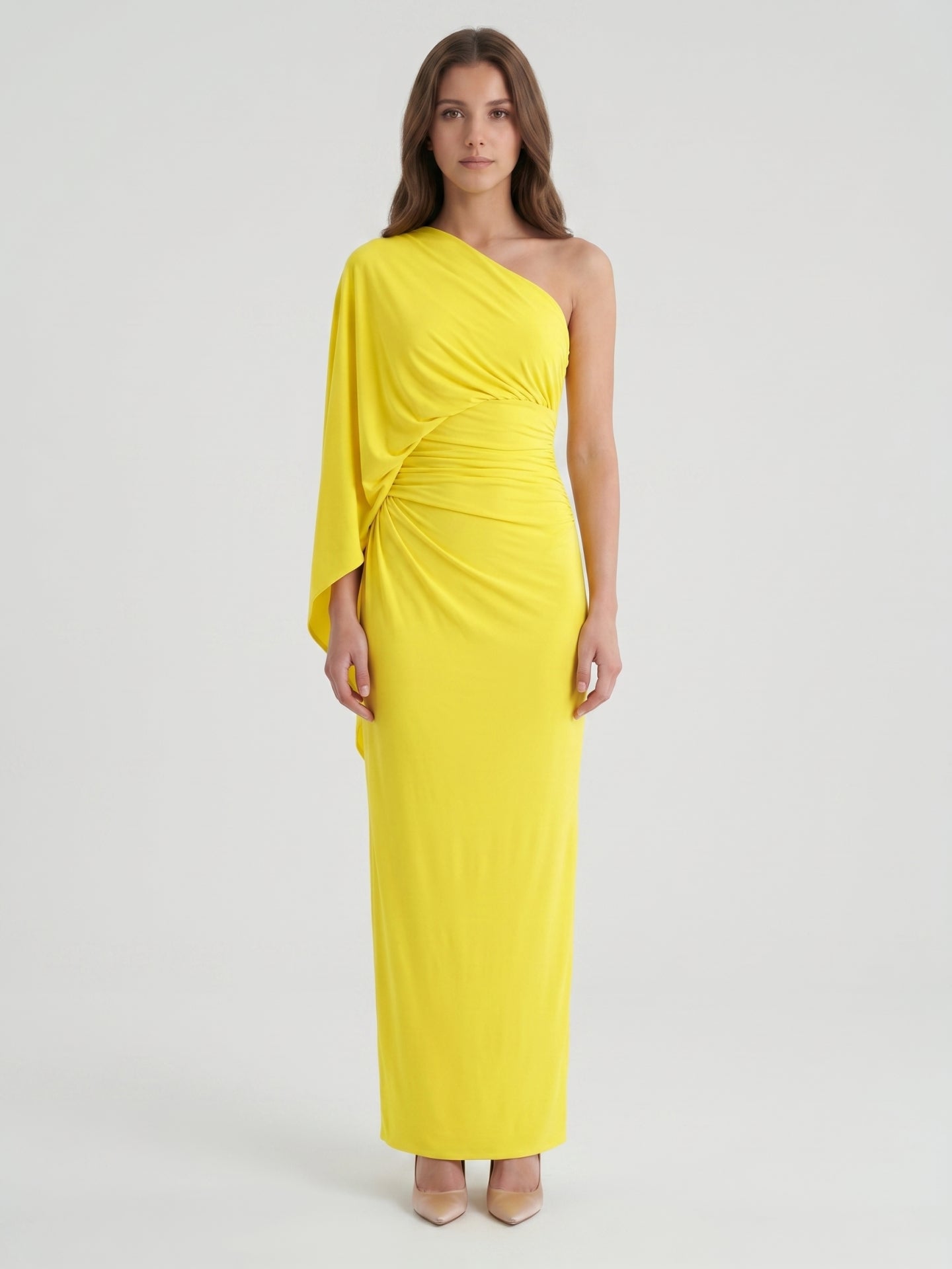 Lemon Stretch Knit Column One Shoulder Backless Ankle-Length Bridesmaid Dress with Pleats