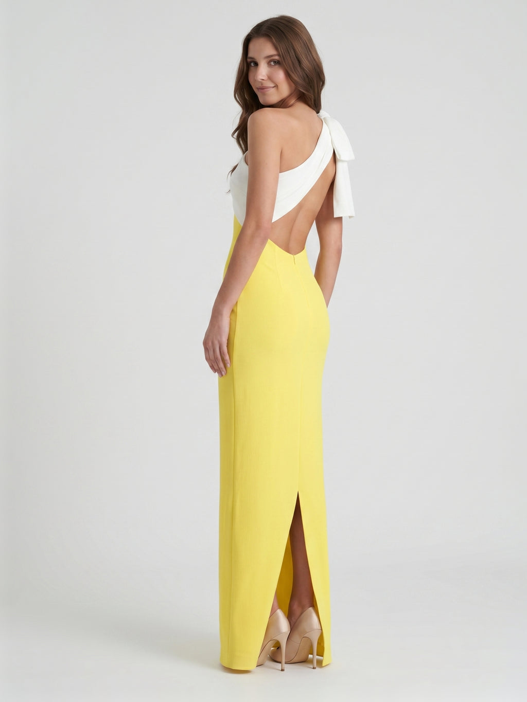 Lemon Stretch Knit Column One Shoulder Backless Floor-Length Bridesmaid Dress with Bow