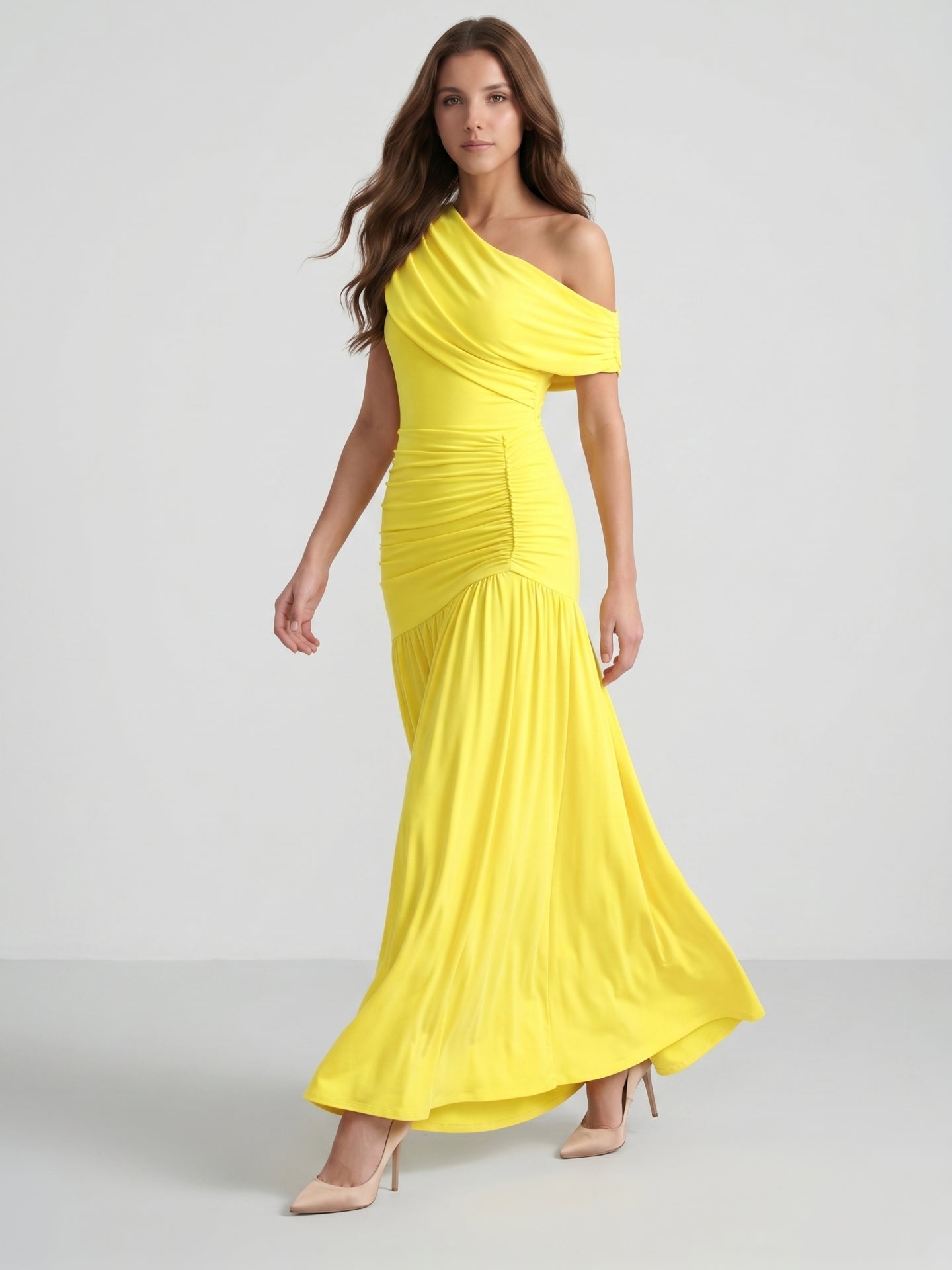 Lemon Stretch Knit A-Line One Shoulder Backless Ankle-Length Bridesmaid Dress with Pleats