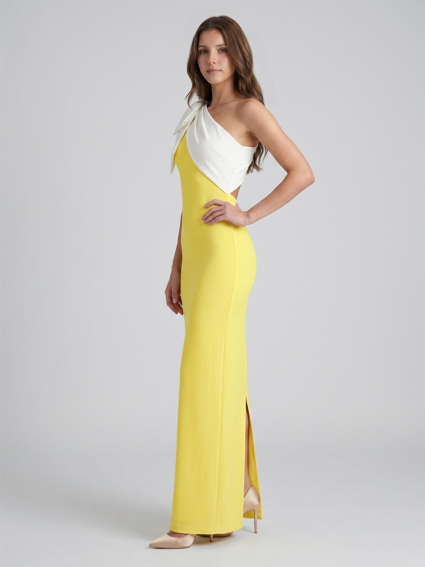 Lemon Stretch Knit Column One Shoulder Backless Floor-Length Bridesmaid Dress with Bow