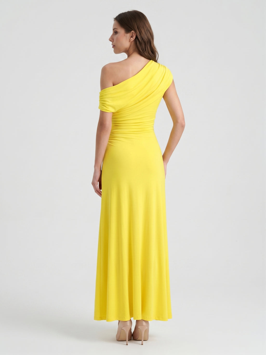 Lemon Stretch Knit A-Line One Shoulder Backless Ankle-Length Bridesmaid Dress with Pleats