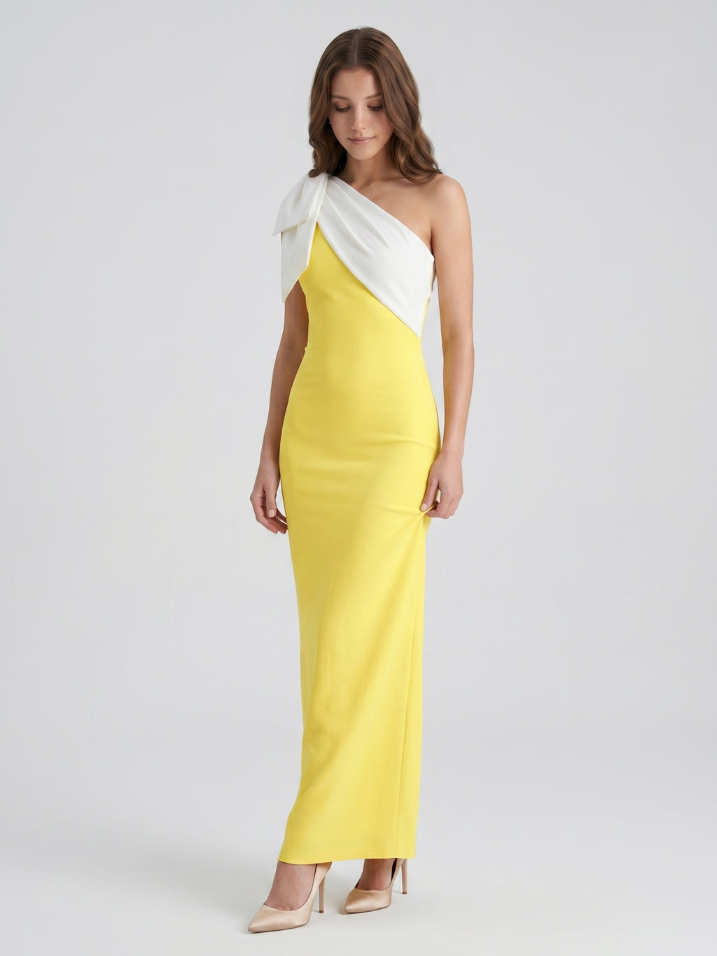 Lemon Stretch Knit Column One Shoulder Backless Floor-Length Bridesmaid Dress with Bow