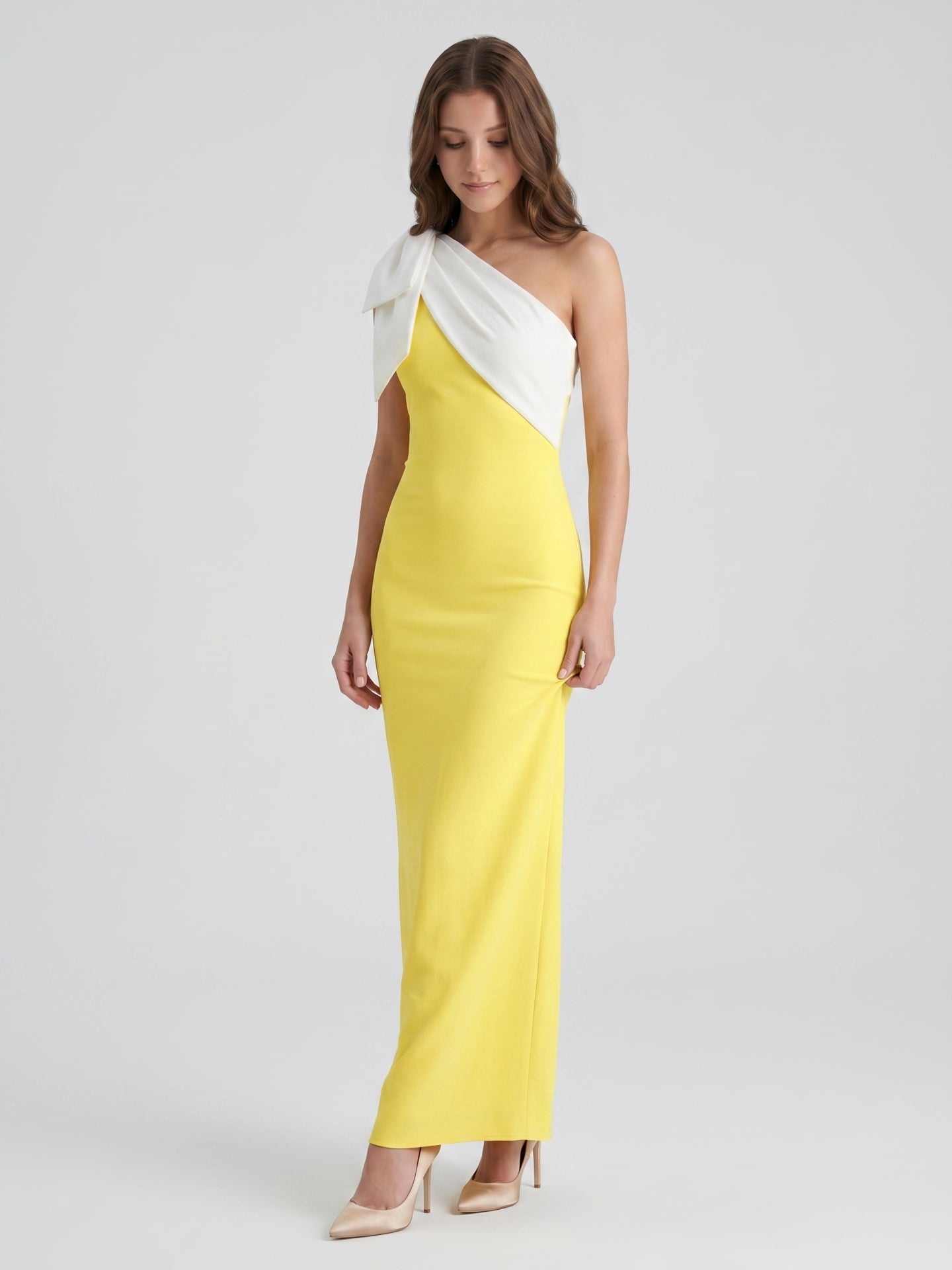 Lemon Stretch Knit Column One Shoulder Backless Floor-Length Bridesmaid Dress with Bow