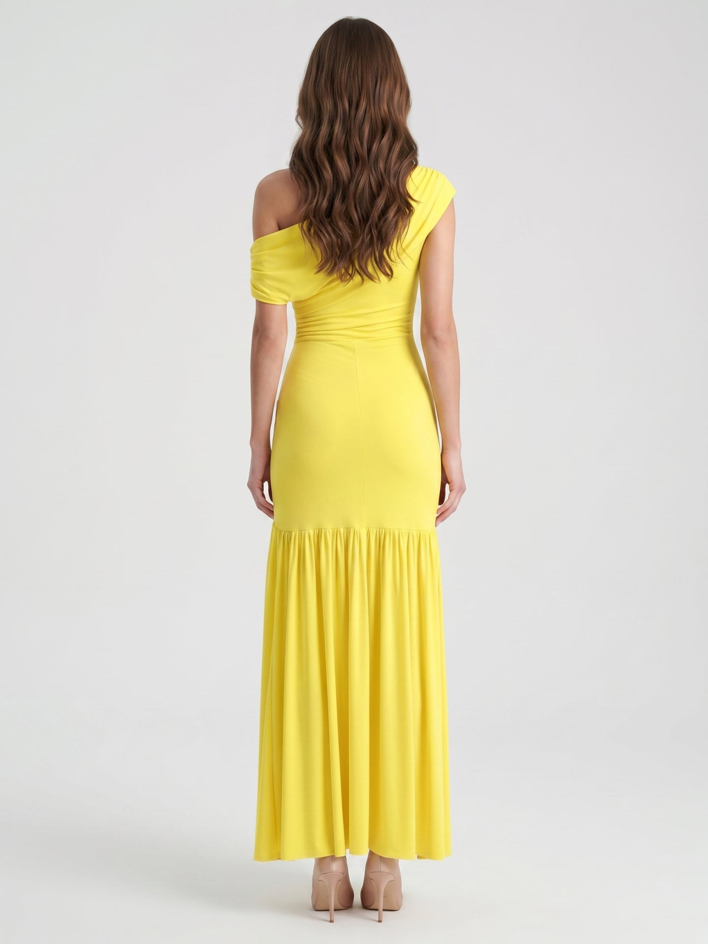 Lemon Stretch Knit A-Line One Shoulder Backless Ankle-Length Bridesmaid Dress with Pleats