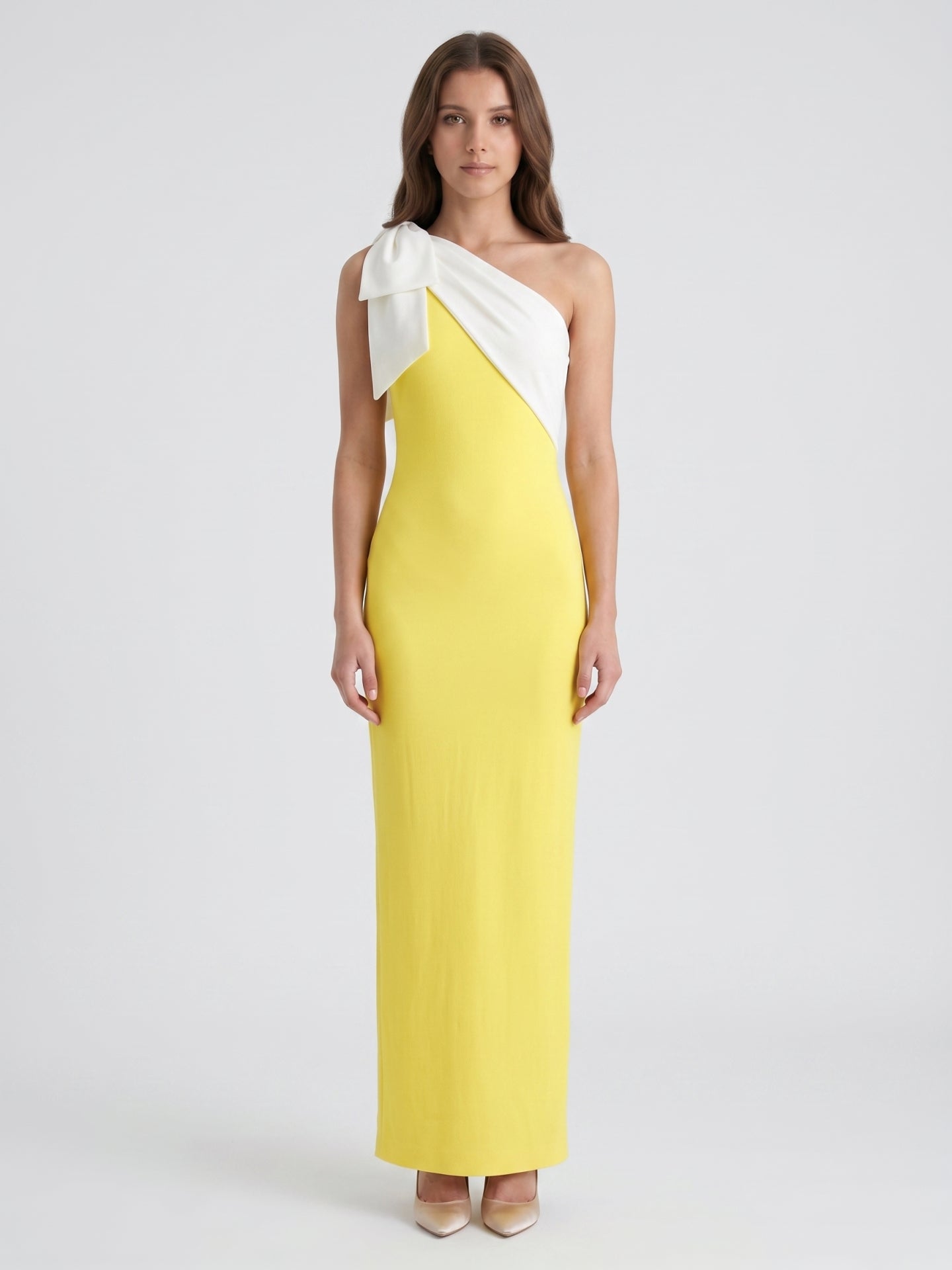 Lemon Stretch Knit Column One Shoulder Backless Floor-Length Bridesmaid Dress with Bow