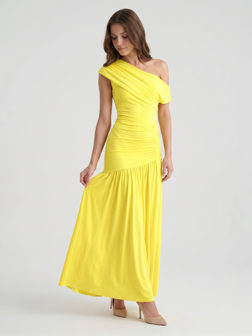 Lemon Stretch Knit A-Line One Shoulder Backless Ankle-Length Bridesmaid Dress with Pleats