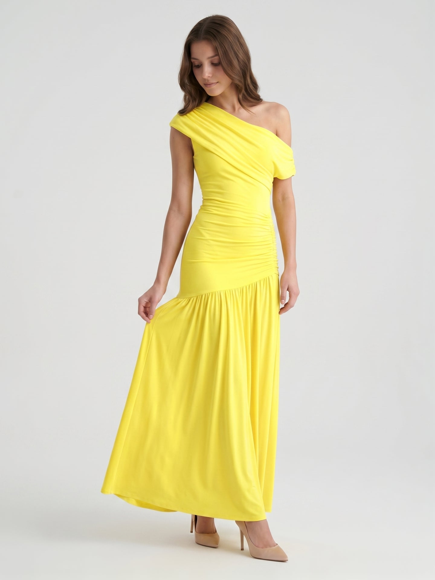 Lemon Stretch Knit A-Line One Shoulder Backless Ankle-Length Bridesmaid Dress with Pleats