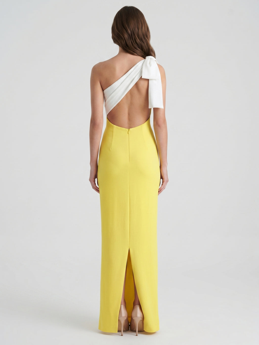 Lemon Stretch Knit Column One Shoulder Backless Floor-Length Bridesmaid Dress with Bow