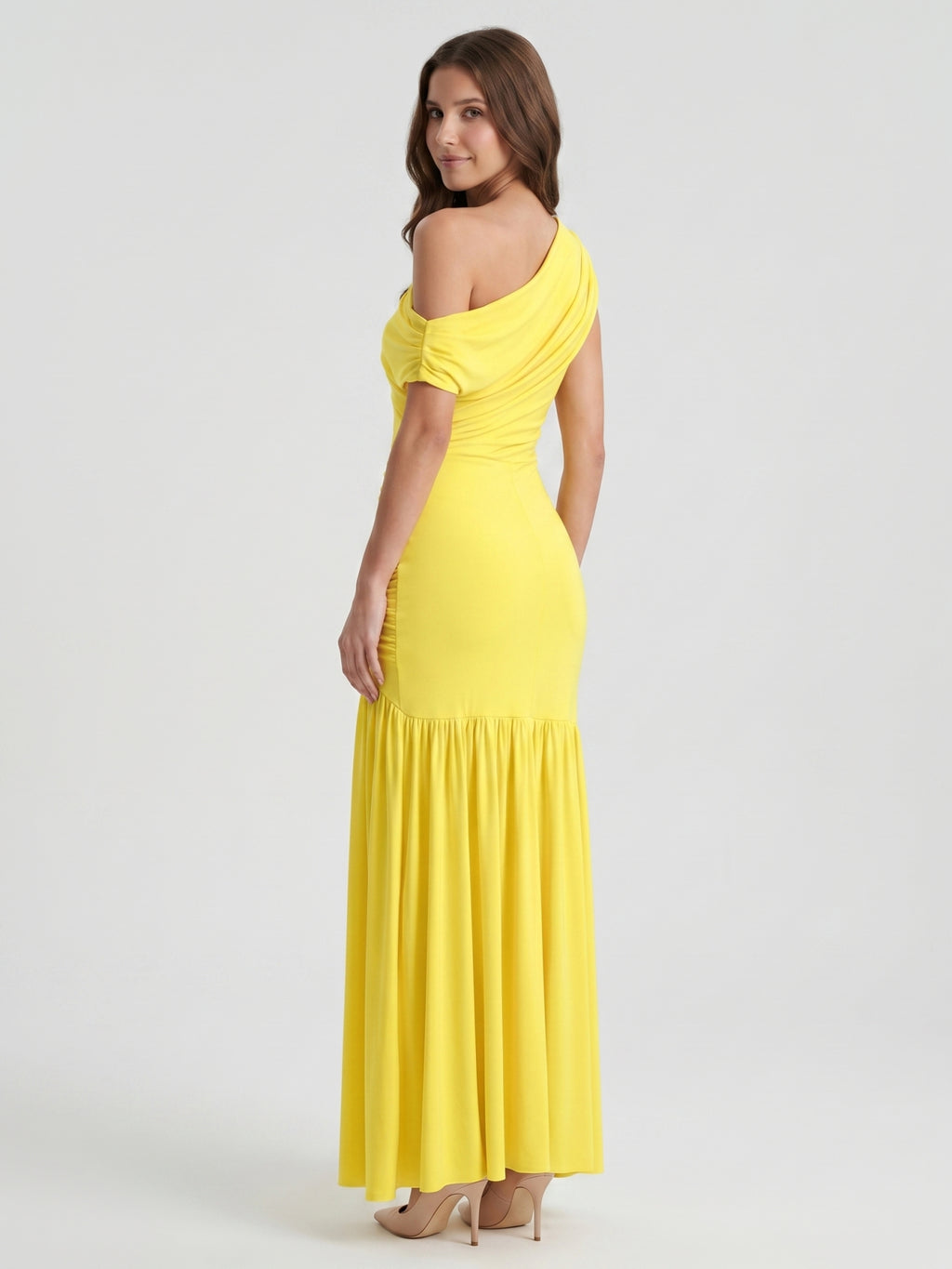 Lemon Stretch Knit A-Line One Shoulder Backless Ankle-Length Bridesmaid Dress with Pleats