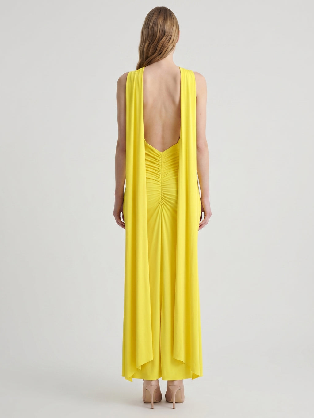 Lemon Stretch Knit Column Scoop Neck Floor-Length Bridesmaid Dress with Pleats