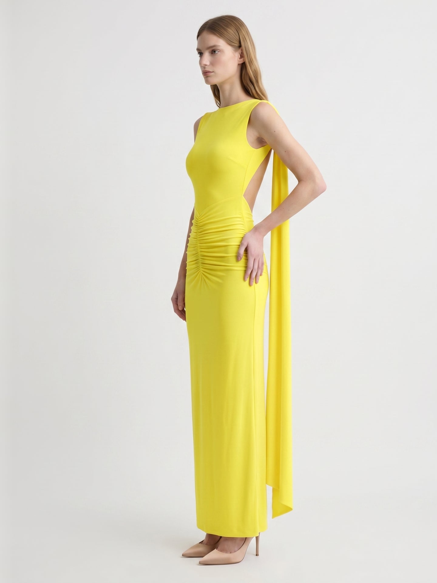 Lemon Stretch Knit Column Scoop Neck Floor-Length Bridesmaid Dress with Pleats