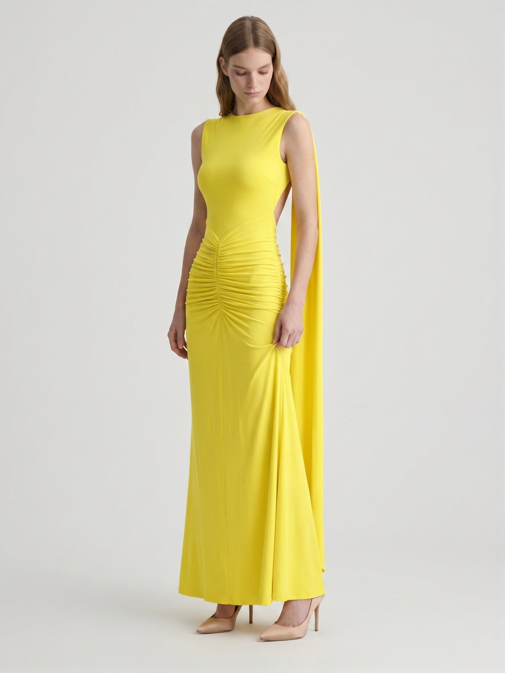 Lemon Stretch Knit Column Scoop Neck Floor-Length Bridesmaid Dress with Pleats
