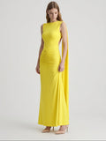 Lemon Stretch Knit Column Scoop Neck Floor-Length Bridesmaid Dress with Pleats