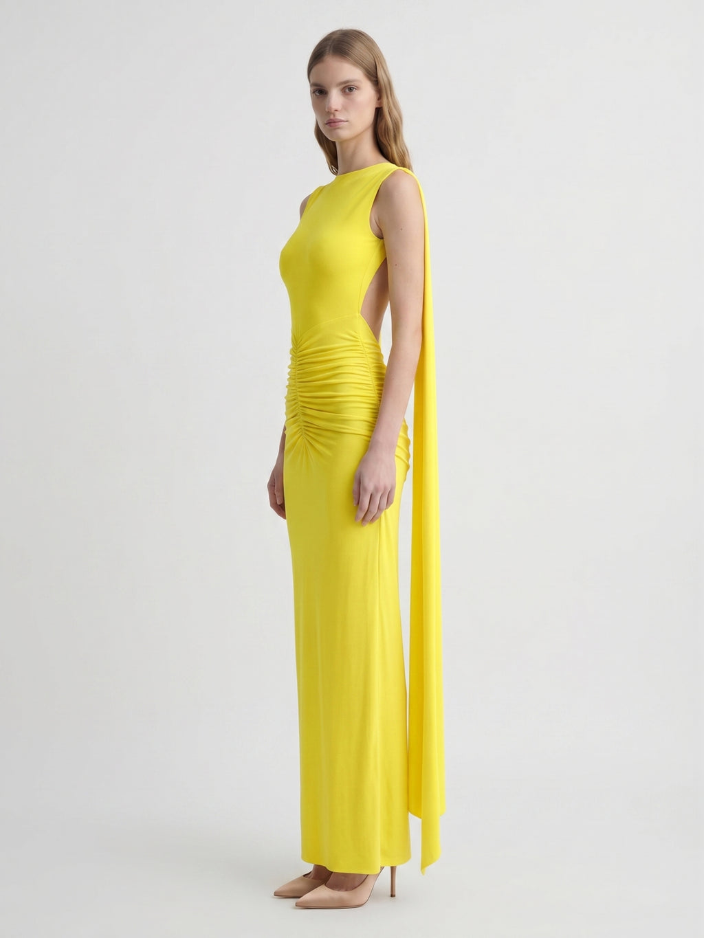 Lemon Stretch Knit Column Scoop Neck Floor-Length Bridesmaid Dress with Pleats