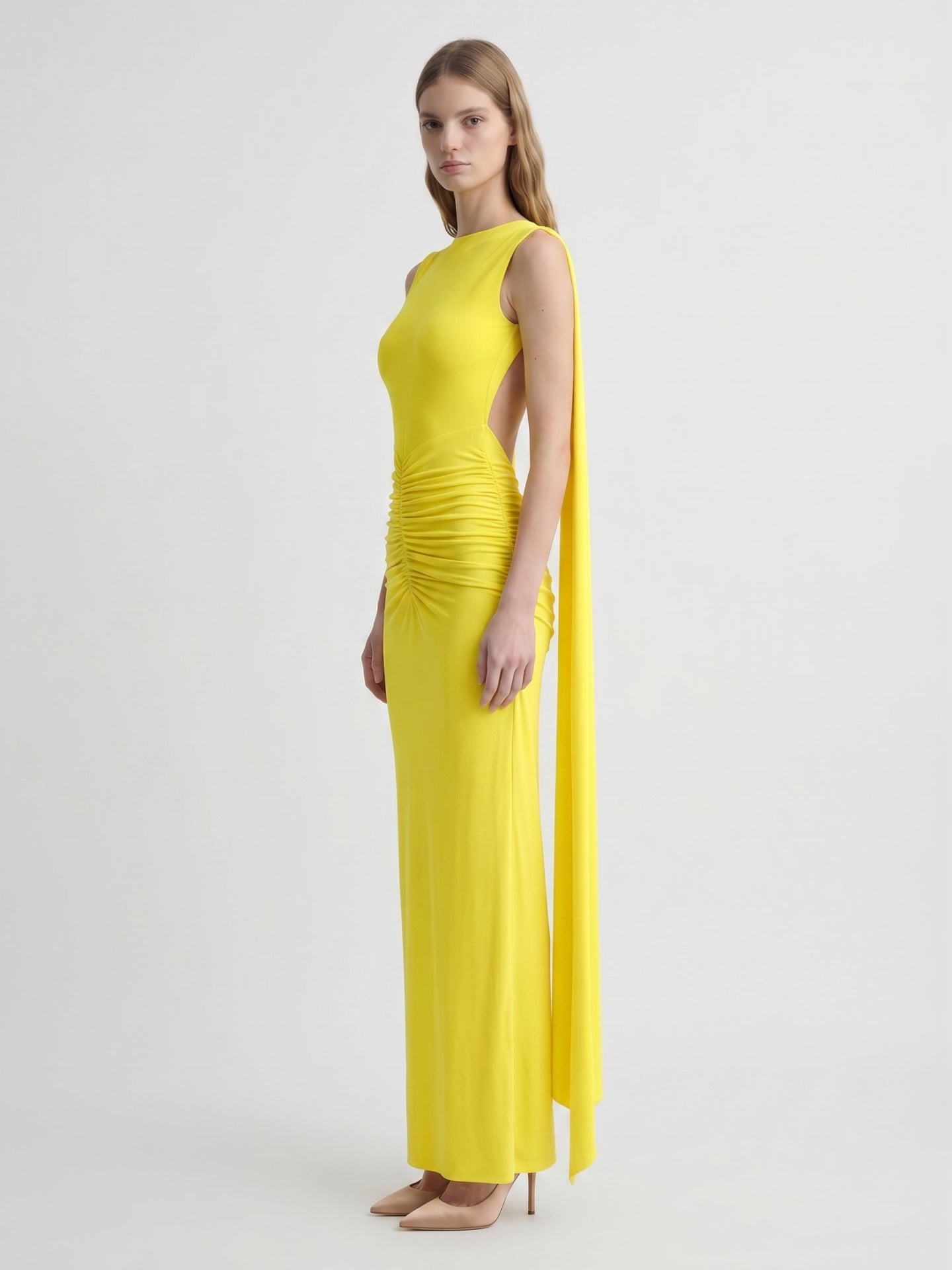 Lemon Stretch Knit Column Scoop Neck Floor-Length Bridesmaid Dress with Pleats