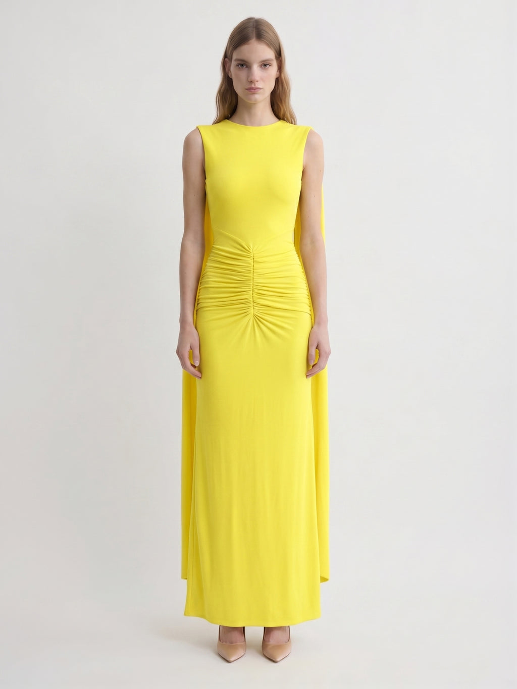 Lemon Stretch Knit Column Scoop Neck Floor-Length Bridesmaid Dress with Pleats