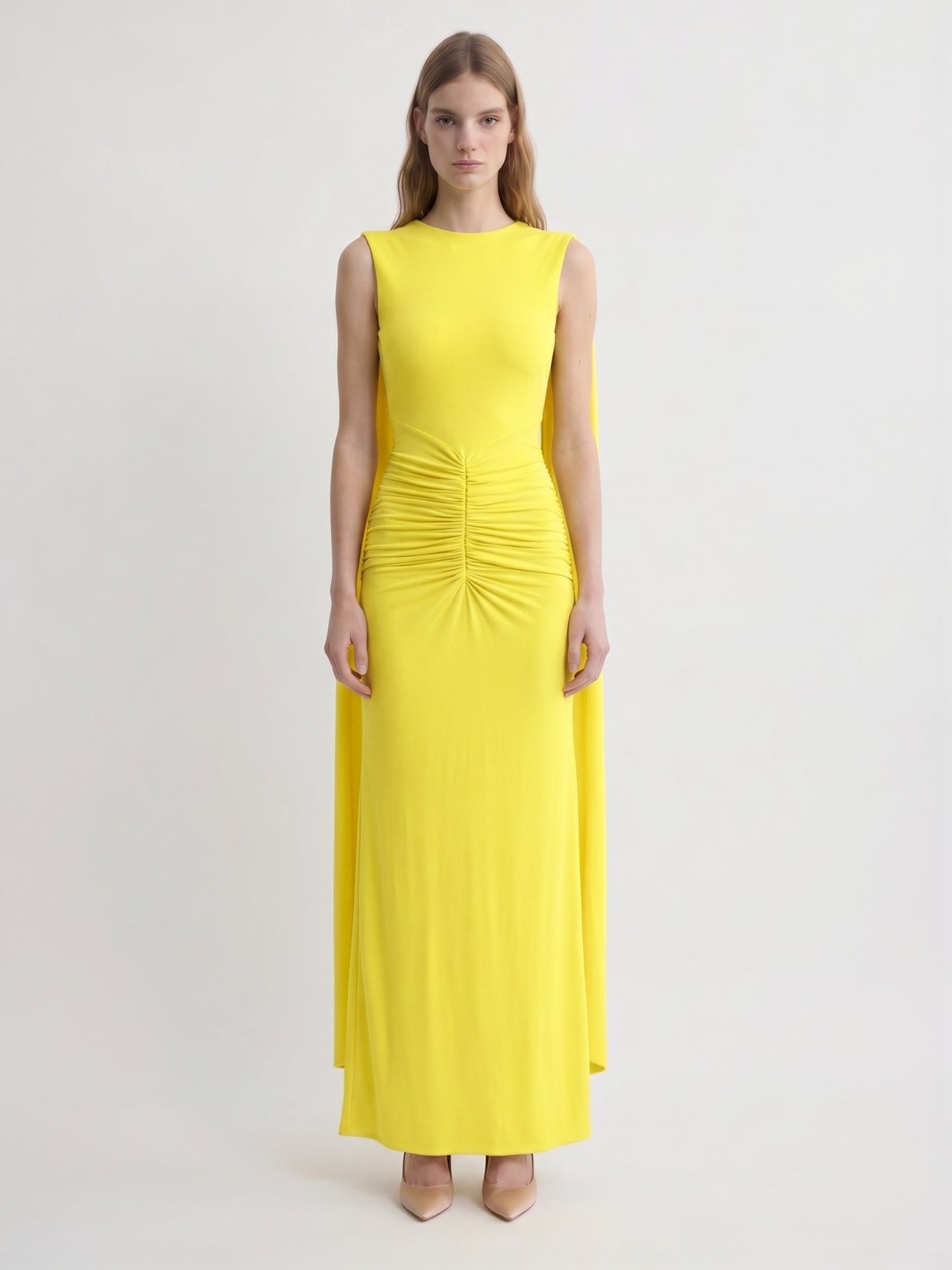 Lemon Stretch Knit Column Scoop Neck Floor-Length Bridesmaid Dress with Pleats