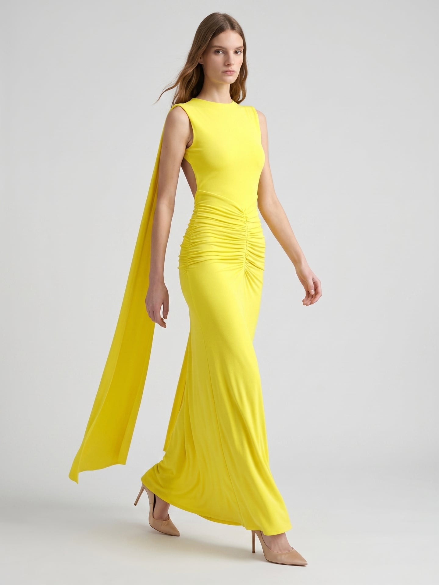 Lemon Stretch Knit Column Scoop Neck Floor-Length Bridesmaid Dress with Pleats