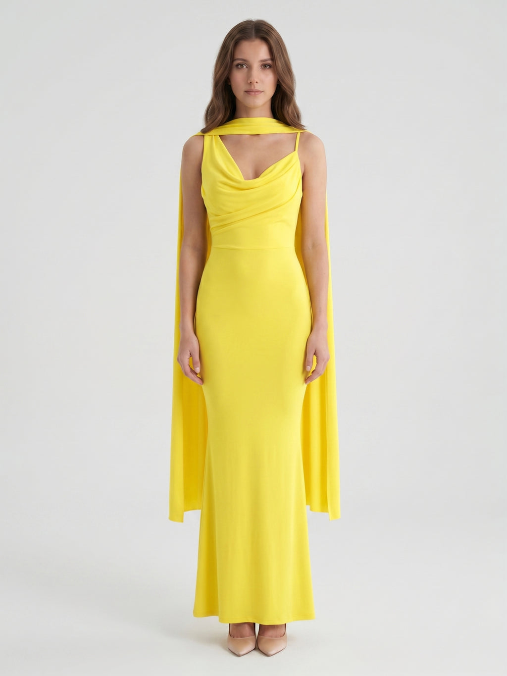 Lemon Stretch Knit Mermaid Cowl Neck Backless Floor-Length Bridesmaid Dress with Pleats