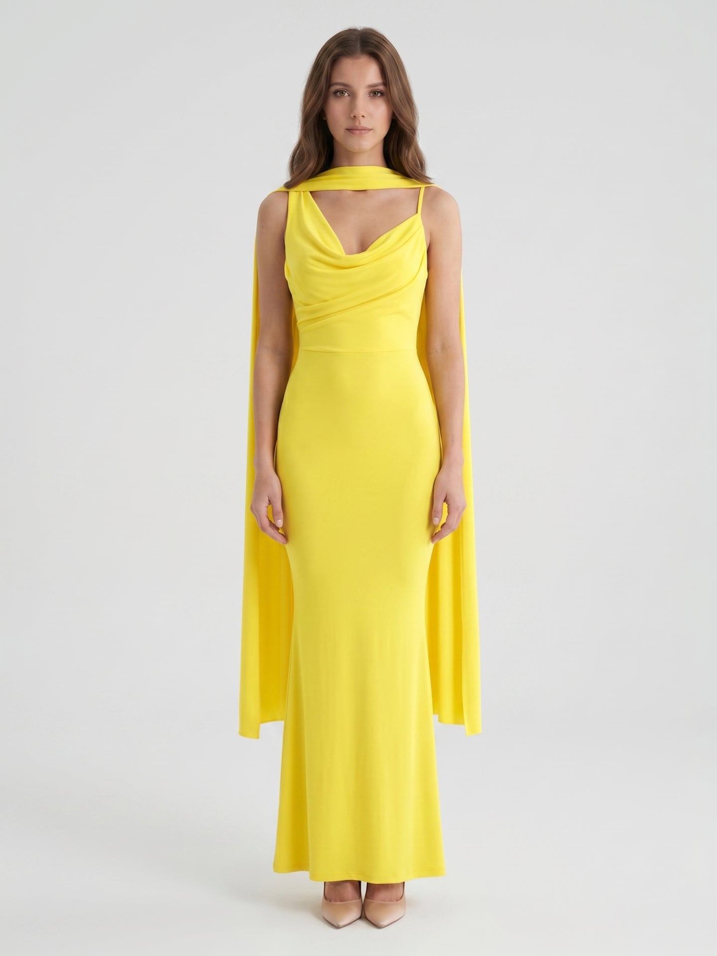Lemon Stretch Knit Mermaid Cowl Neck Backless Floor-Length Bridesmaid Dress with Pleats