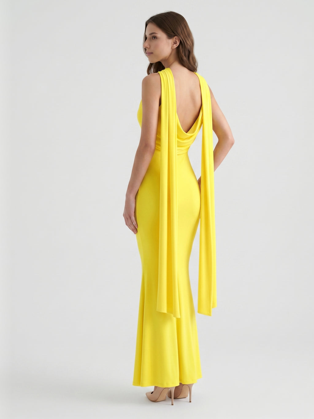 Lemon Stretch Knit Mermaid Cowl Neck Backless Floor-Length Bridesmaid Dress with Pleats