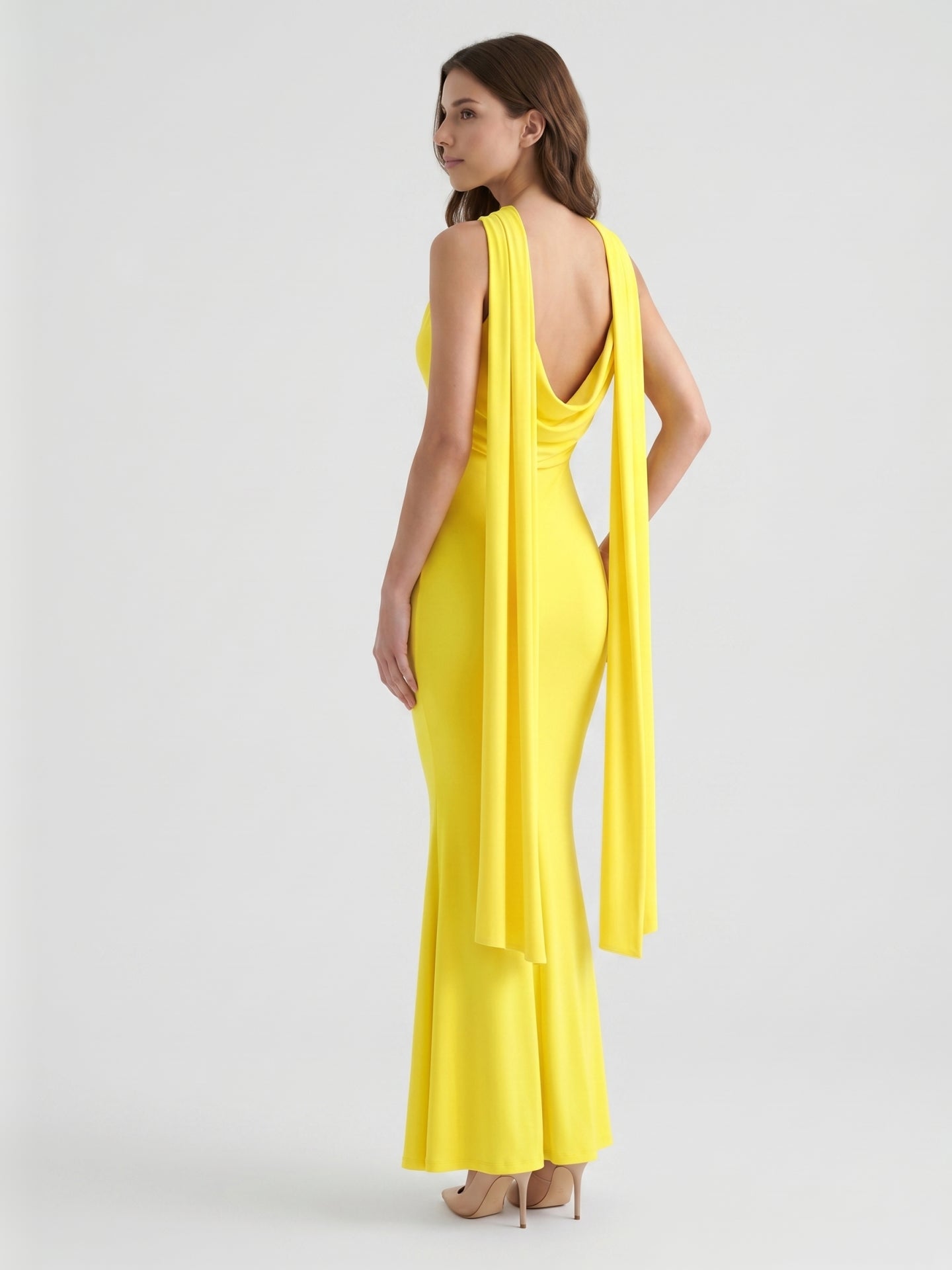 Lemon Stretch Knit Mermaid Cowl Neck Backless Floor-Length Bridesmaid Dress with Pleats