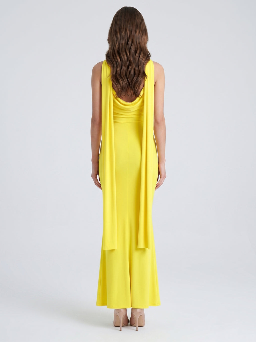 Lemon Stretch Knit Mermaid Cowl Neck Backless Floor-Length Bridesmaid Dress with Pleats