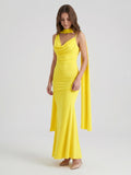 Lemon Stretch Knit Mermaid Cowl Neck Backless Floor-Length Bridesmaid Dress with Pleats