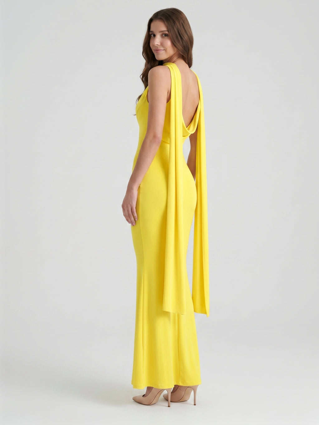Lemon Stretch Knit Mermaid Cowl Neck Backless Floor-Length Bridesmaid Dress with Pleats